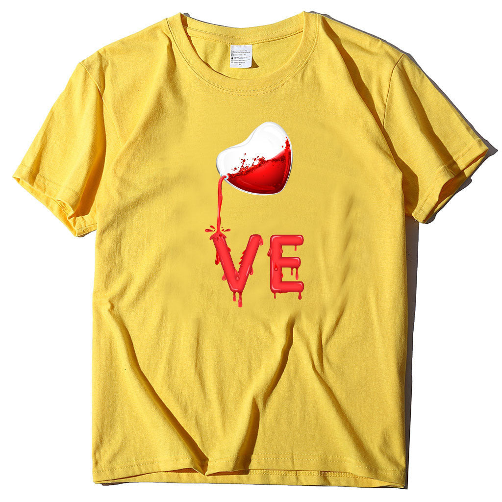 Couples Pullover Round Neck Love Red LOVE Stitching Men And Women Casual Short Sleeves