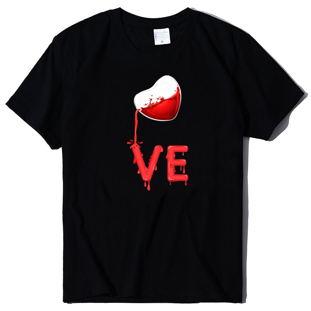 Couples Pullover Round Neck Love Red LOVE Stitching Men And Women Casual Short Sleeves