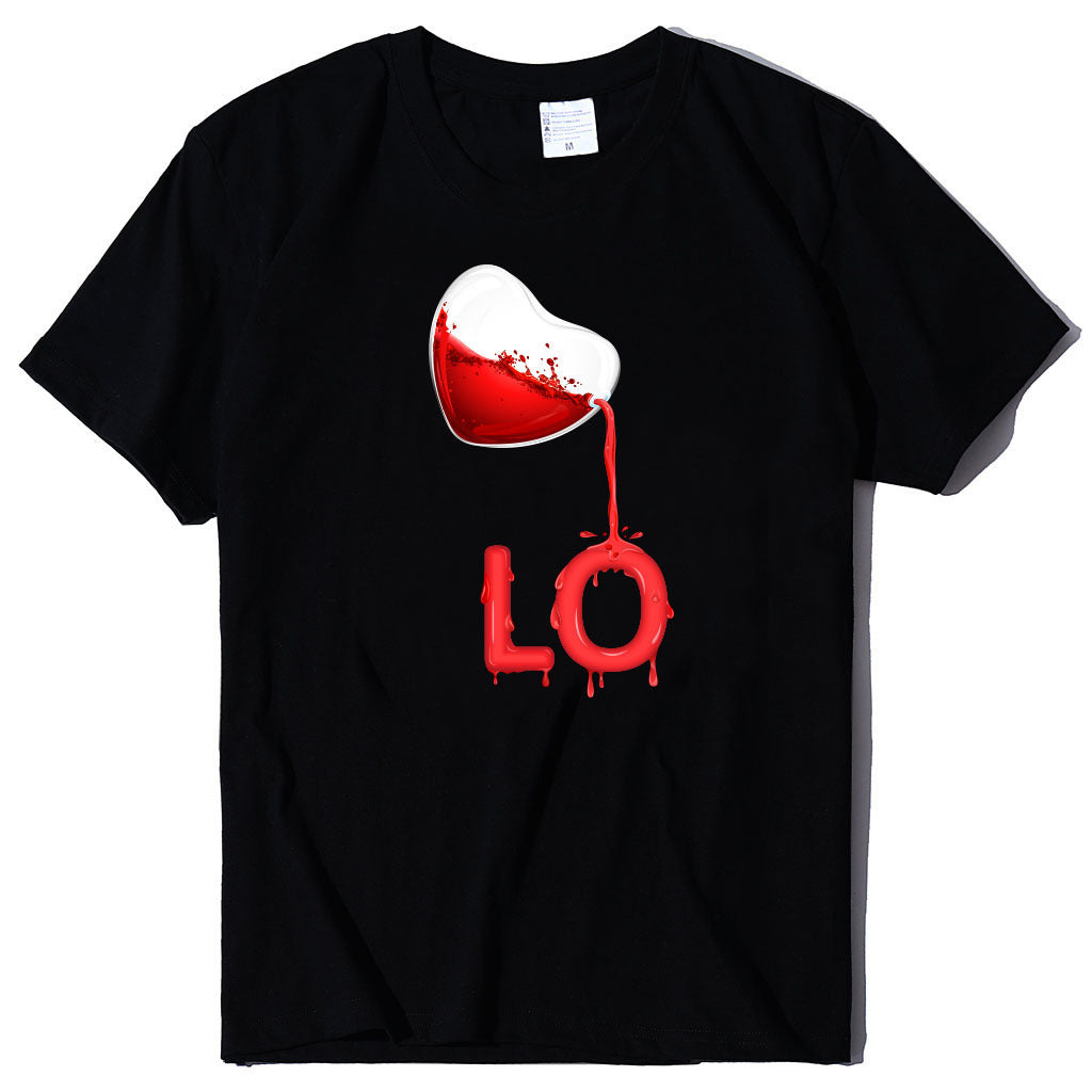 Couples Pullover Round Neck Love Red LOVE Stitching Men And Women Casual Short Sleeves