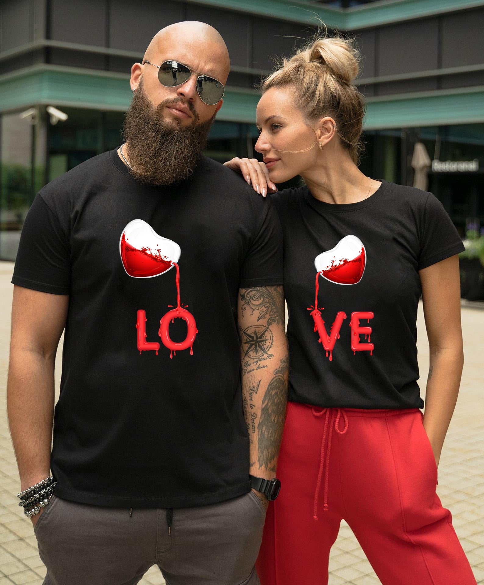 Couples Pullover Round Neck Love Red LOVE Stitching Men And Women Casual Short Sleeves