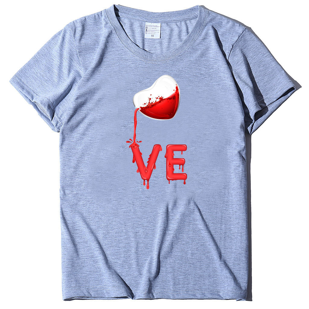 Couples Pullover Round Neck Love Red LOVE Stitching Men And Women Casual Short Sleeves