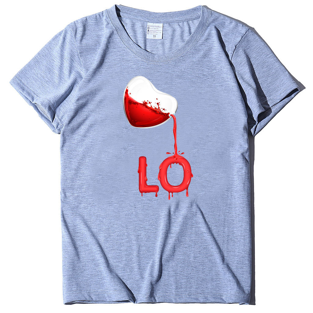 Couples Pullover Round Neck Love Red LOVE Stitching Men And Women Casual Short Sleeves