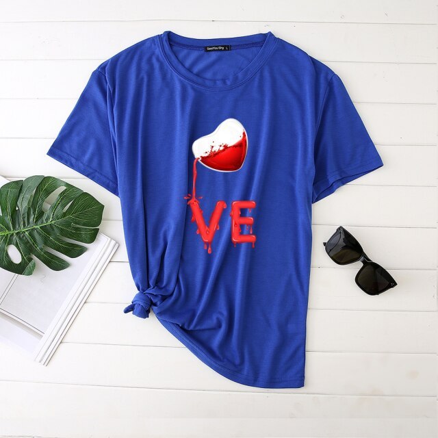 Couples Pullover Round Neck Love Red LOVE Stitching Men And Women Casual Short Sleeves