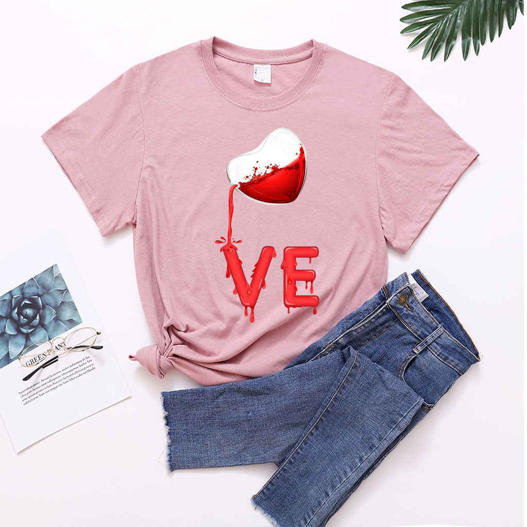 Couples Pullover Round Neck Love Red LOVE Stitching Men And Women Casual Short Sleeves