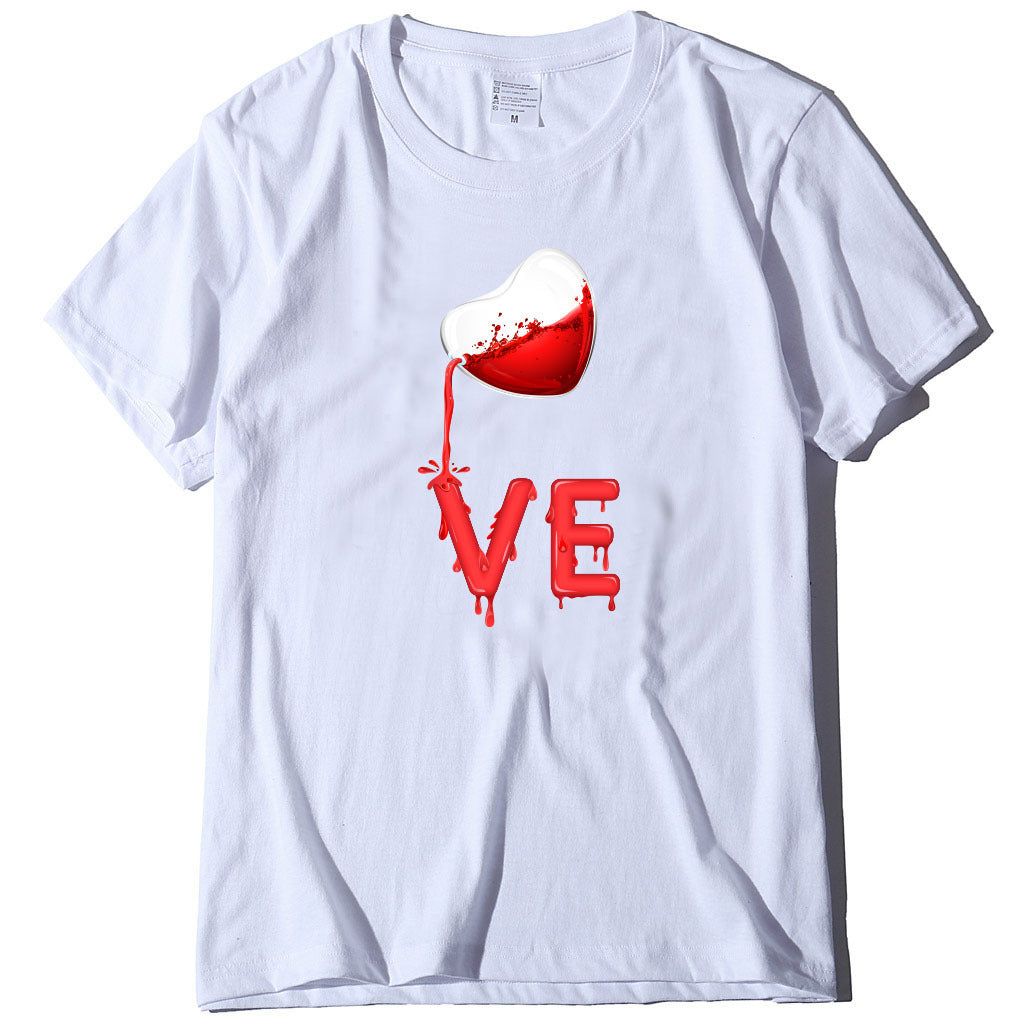 Couples Pullover Round Neck Love Red LOVE Stitching Men And Women Casual Short Sleeves