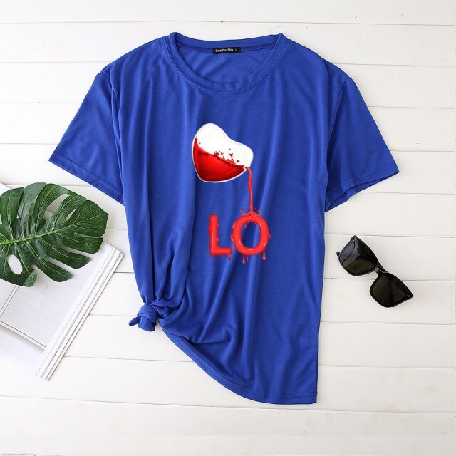 Couples Pullover Round Neck Love Red LOVE Stitching Men And Women Casual Short Sleeves